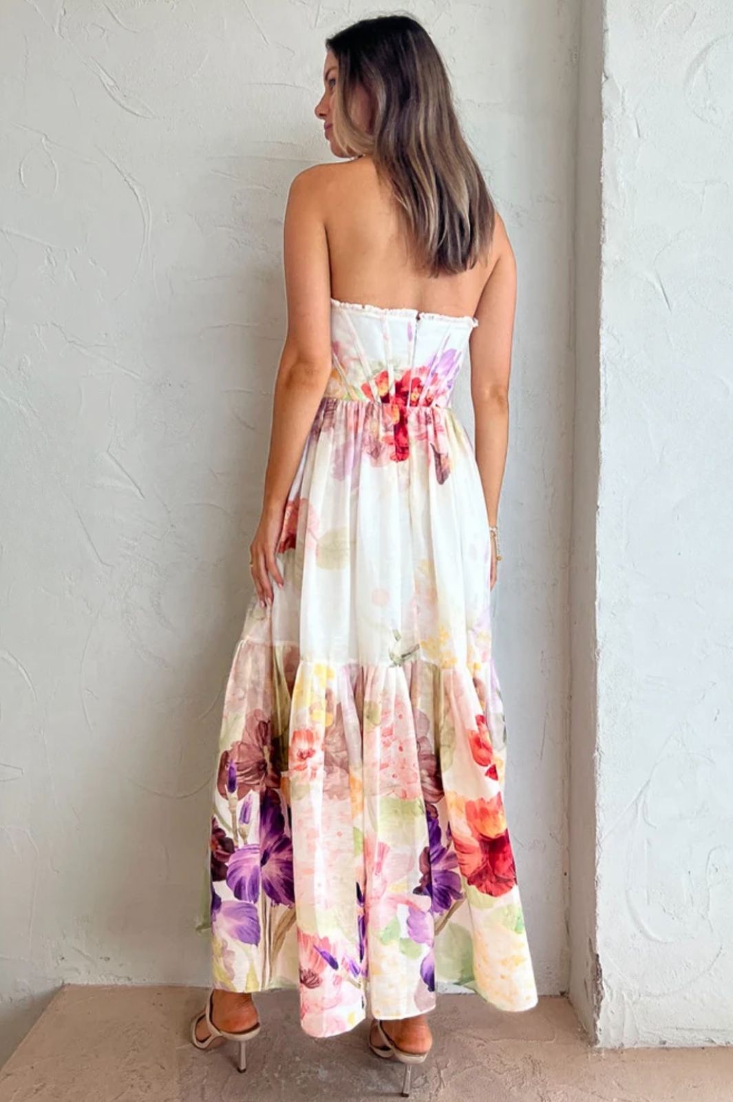 Rose Bustier Midi Dress Cascade Print
