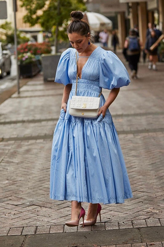 Falling Water Gathered Midi Dress Blue