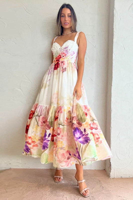 Rose Bustier Midi Dress Cascade Print