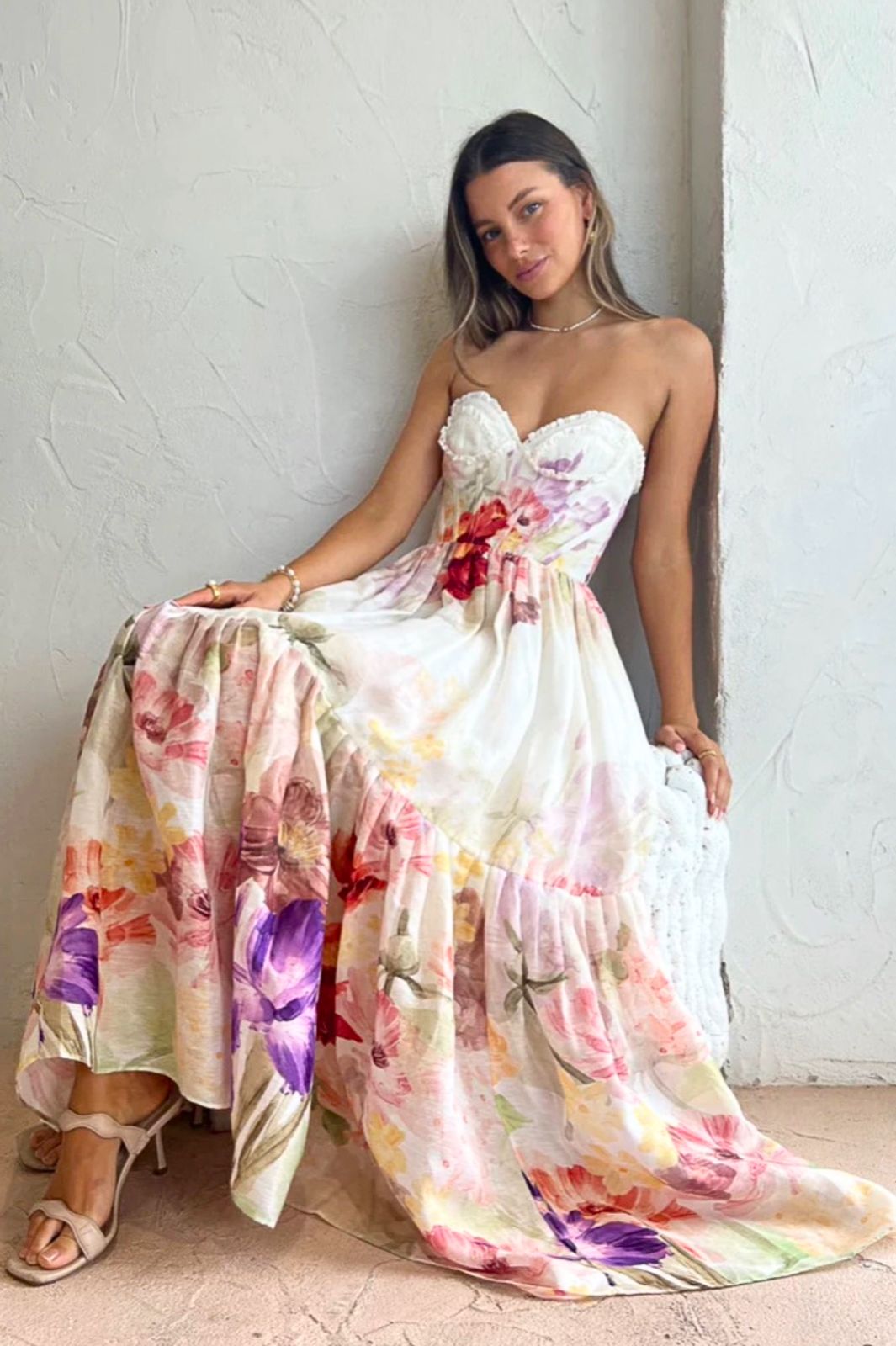 Rose Bustier Midi Dress Cascade Print