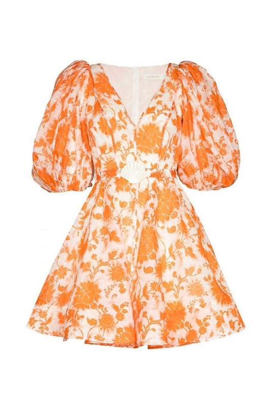 Postcard Puff Sleeve Mini Dress