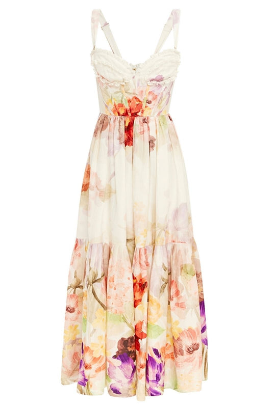 Rose Bustier Midi Dress Cascade Print