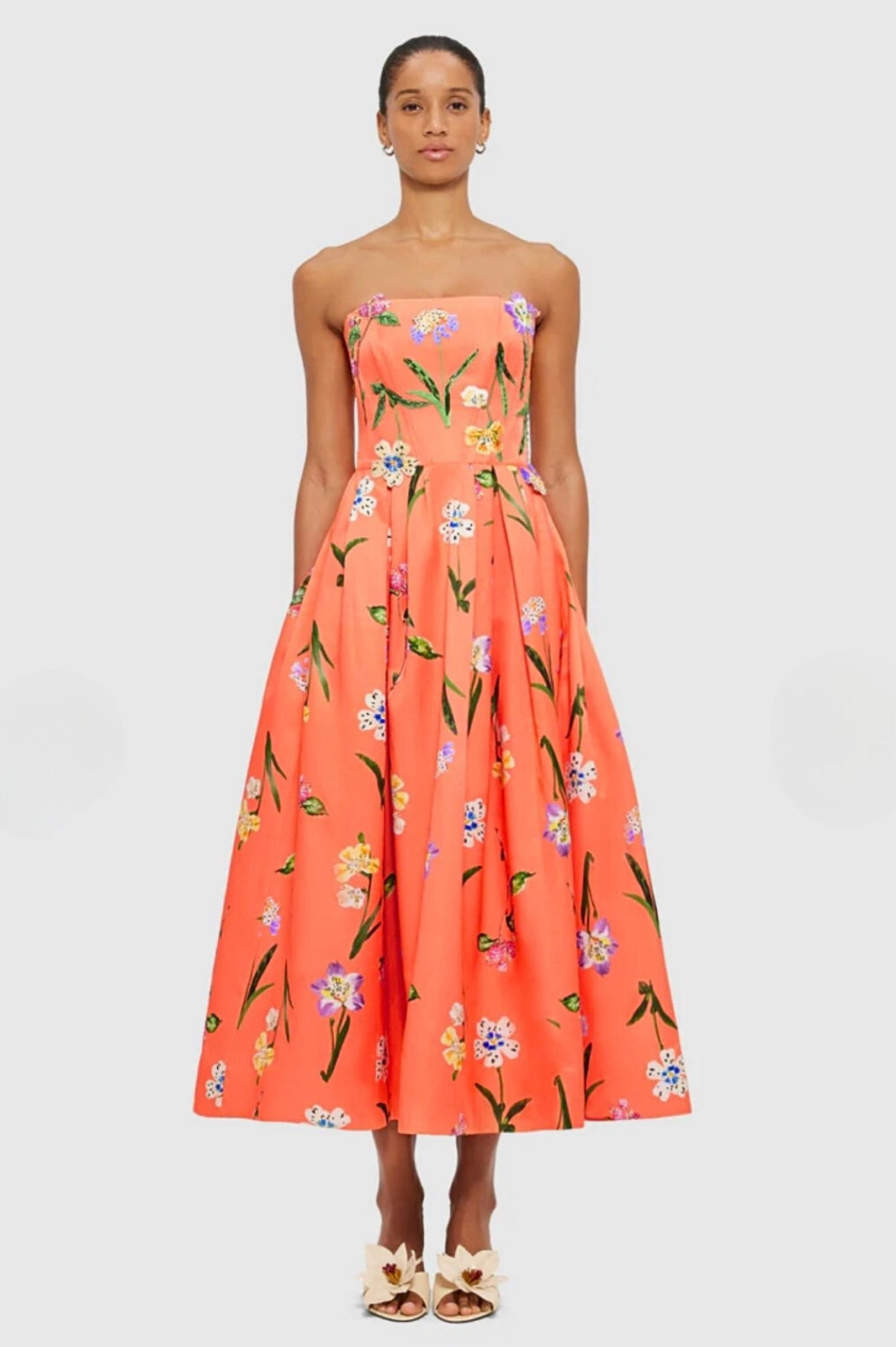 Lynn Bustier Midi Dress in Wild Flower Coral
