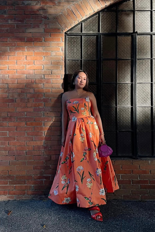 Lynn Bustier Midi Dress in Wild Flower Coral