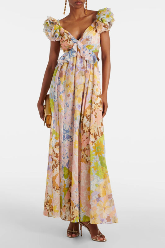 Pop Ruffle Sleeve Midi Dress Patch Floral