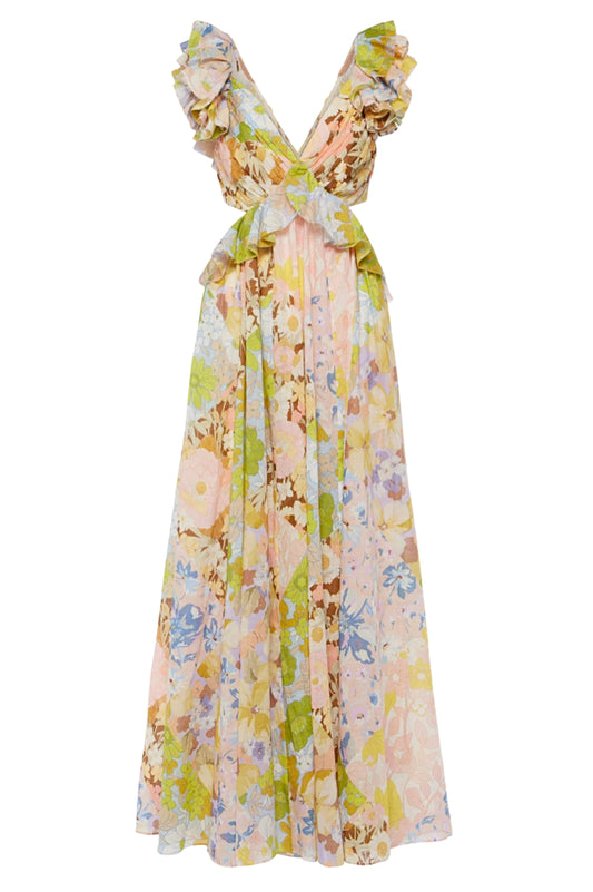 Pop Ruffle Sleeve Midi Dress Patch Floral