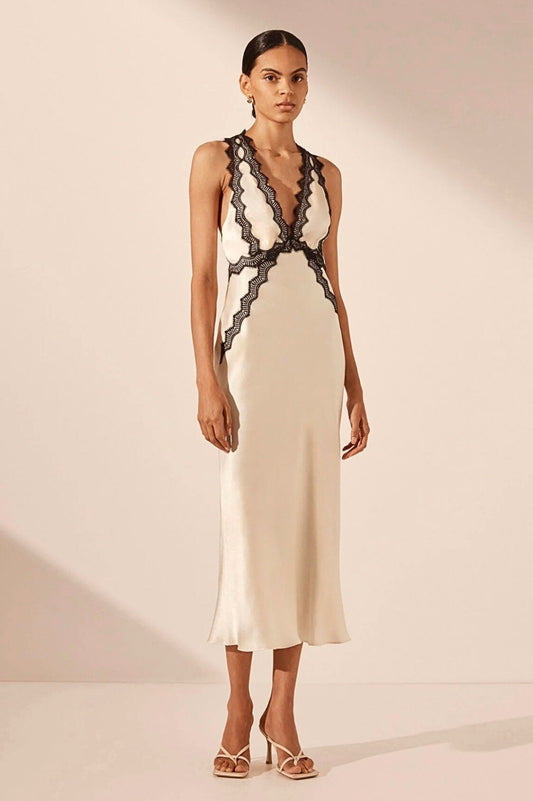 Camille Lace Cross Back Midi Dress Cream