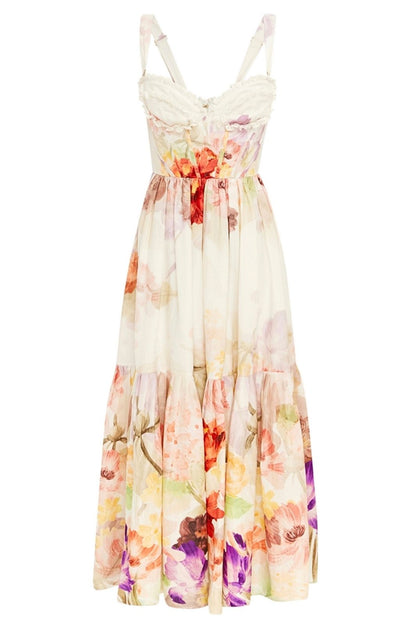 Rose Bustier Midi Dress Cascade Print