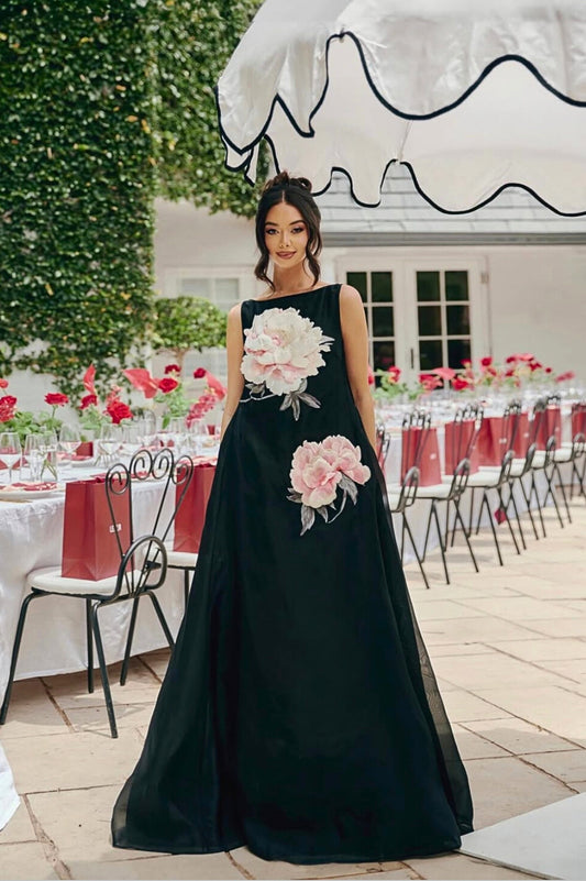 Yumei Applique Floral Open Back Gown